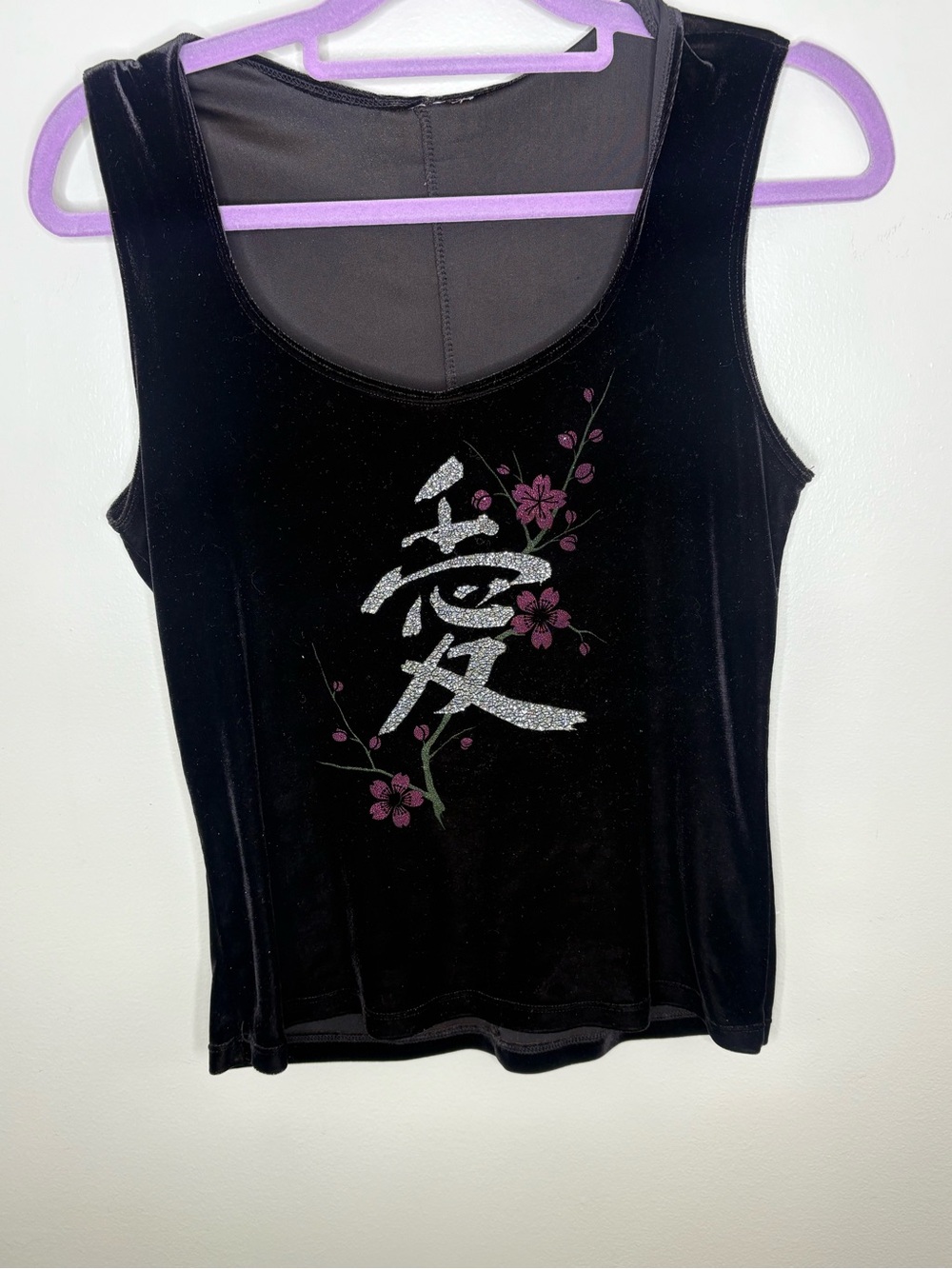Black Sleeveless Velvet Tank Top with Silver Kanji & Pink Floral Accent - Picture 2 of 4